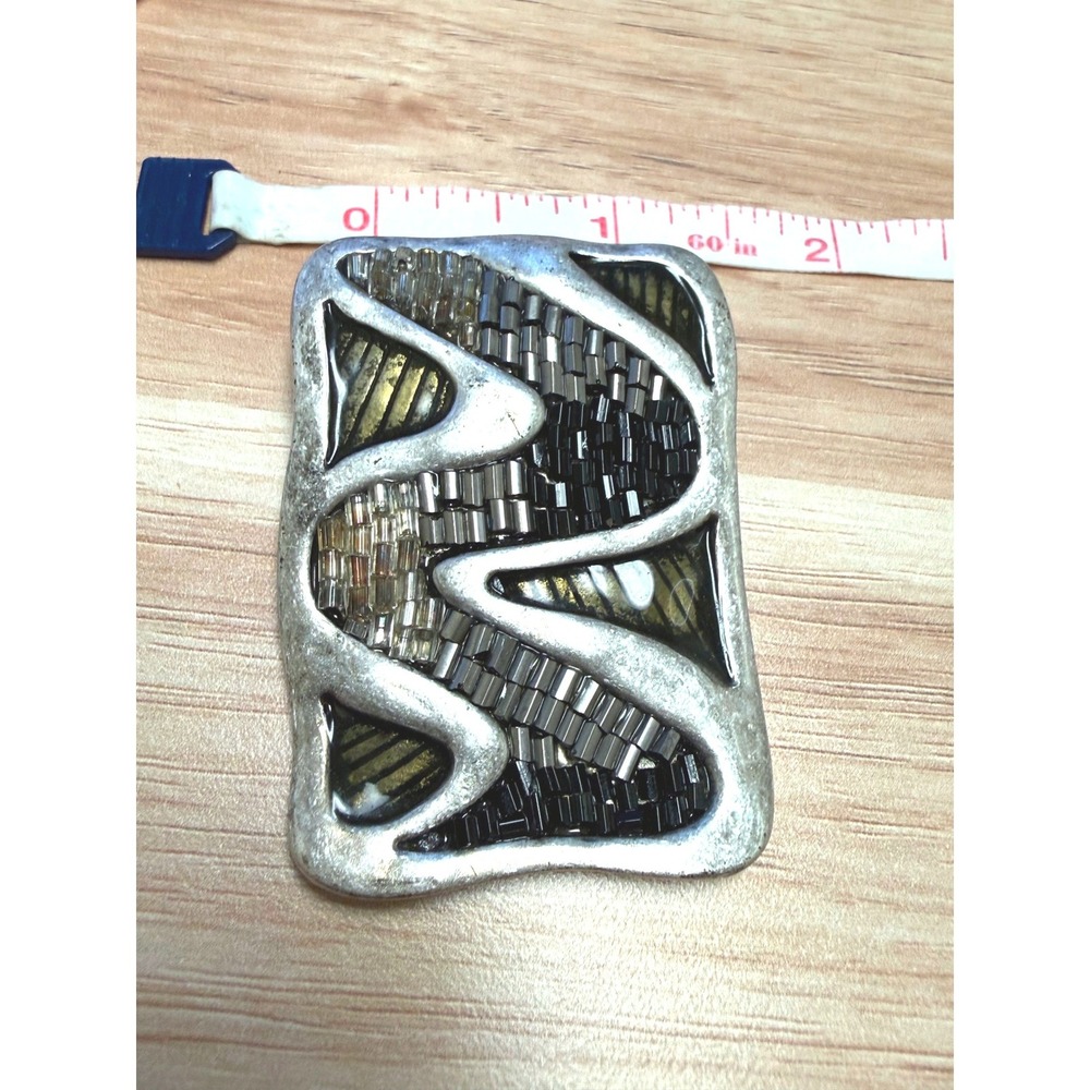 Handcrafted Mixed Media Beaded Abstract Rectangle Pendant Silver Tone Statement